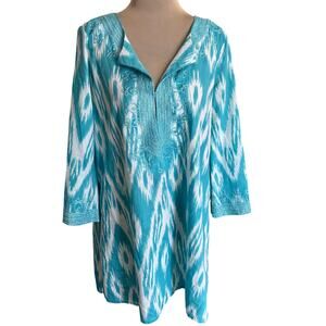 Calypso St. Barth Aqua Ikat Embroidered Tunic Peasant Blouse Boho Coastal Beach